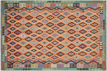 Flat Weave Kilim, Antique, Navaho, Vintage, Handmade, Geometric Kilim Beige Green Hand-Woven Rectangle 100% Wool Area Rug 9 x 11